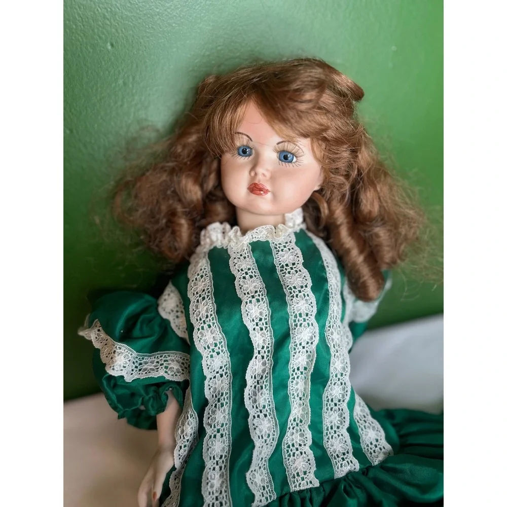 Vintage Porcelain Doll Emerald Green Satin Lace Victorian Dress Auburn Hai